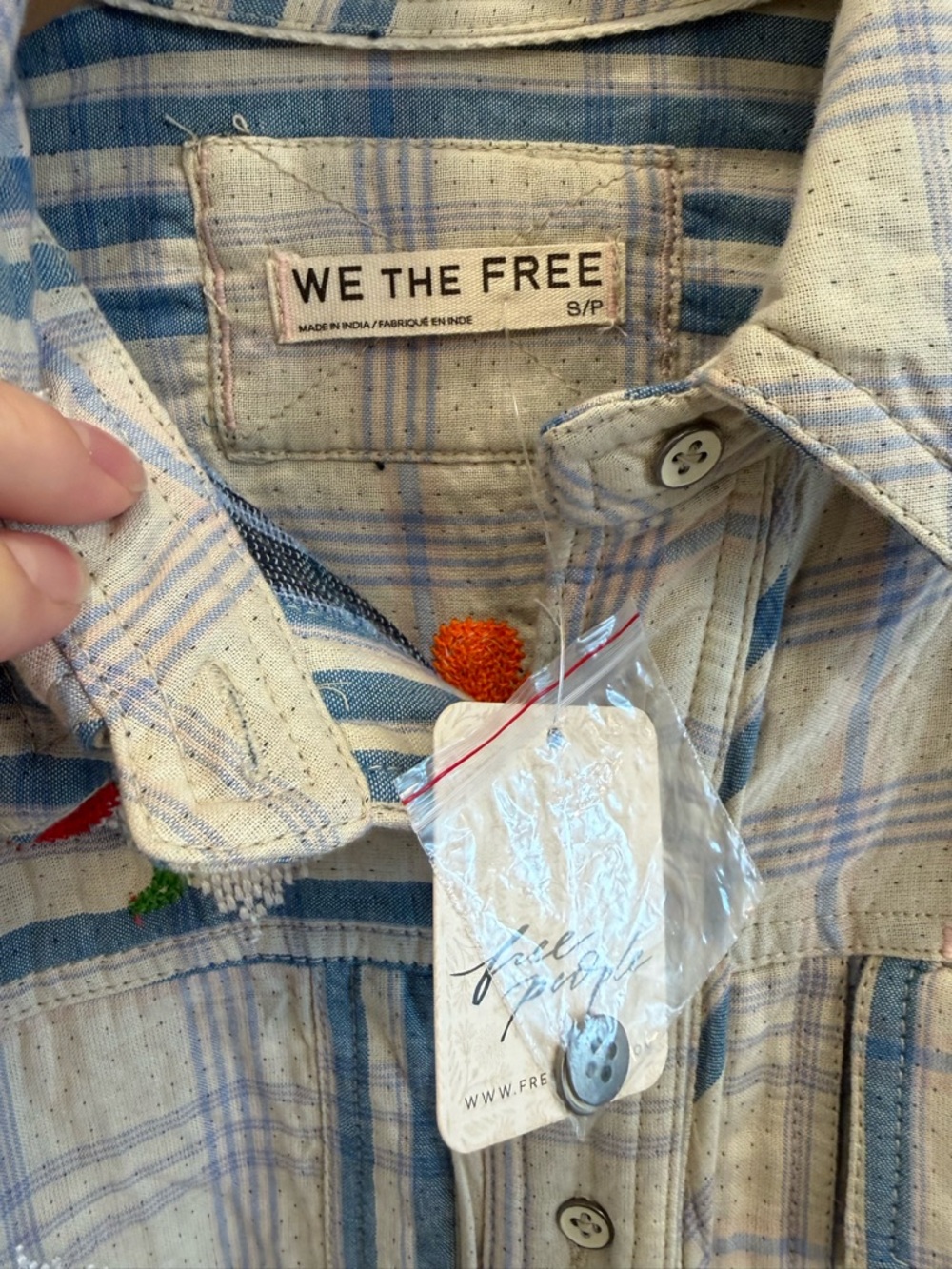 NWT Free People Sashiko Embroidered Blue Plaid Button-Down Shirt Small Boho - Picture 7 of 10